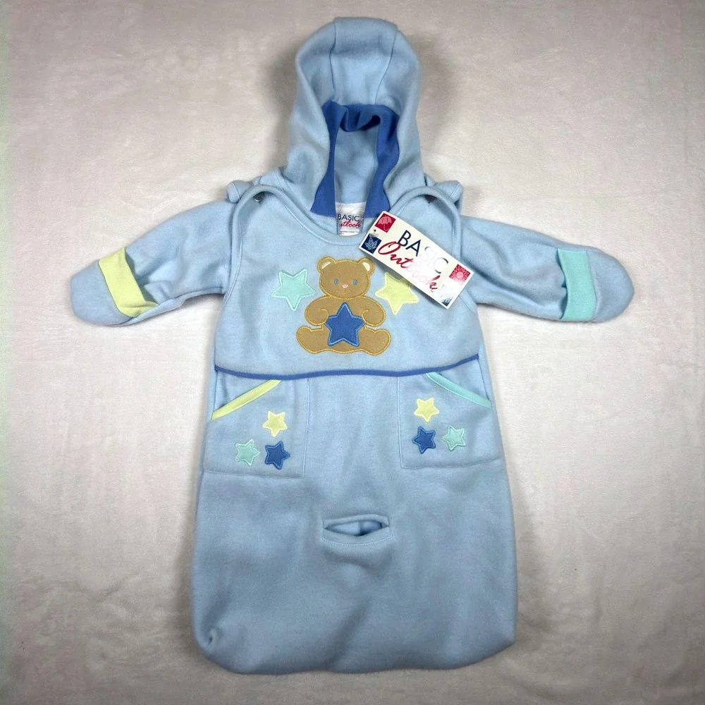 Vintage Basic Outlook Baby Fleece Bunting Sleeper Blue Teddy Bear 0-3 Months NWT